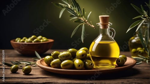 olive oil and olives on dark green nature background, healthy food, olive oil bottle, olive on wooden table