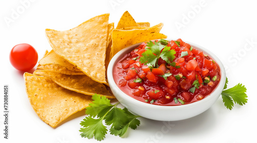 Tortilla chips with salsa on white background