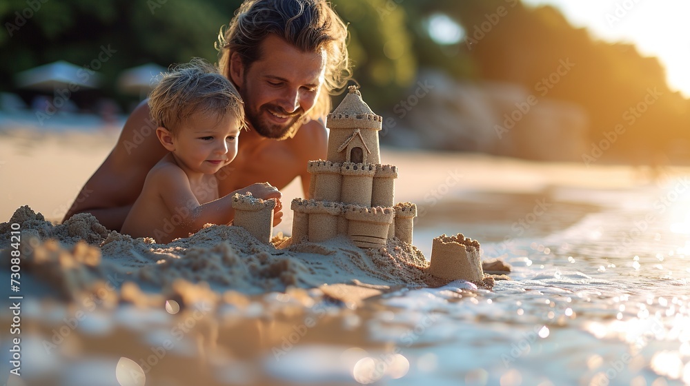 Obraz premium Father and son playing with sand on the beach. Happy family concept. Generative Ai.