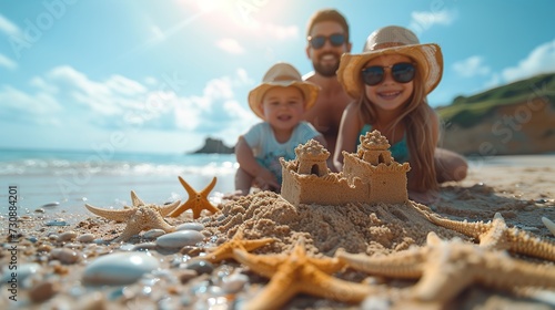 happy family with sand castle and starfish at beach during summer vacation. Generative Ai. 