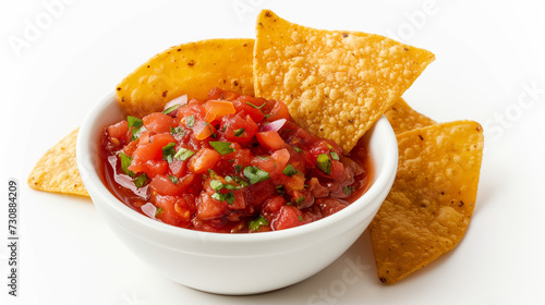 Tortilla chips with salsa on white background