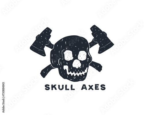 Skull axes grunge hand drawn vector illustration. Grunge rough textured black and white. Vintage skull hatchet logo concept.