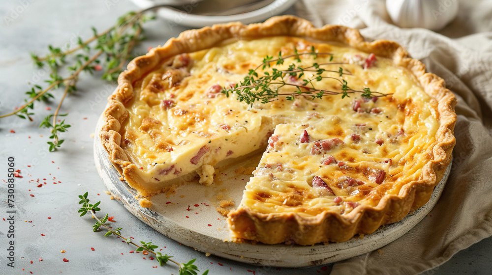 professional food photography, Quiche Lorraine,, with empty copy space, Food Advertising