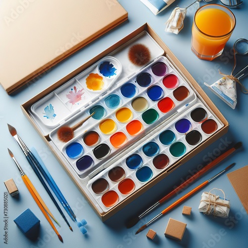 Box of watercolor paints on blue background. banner