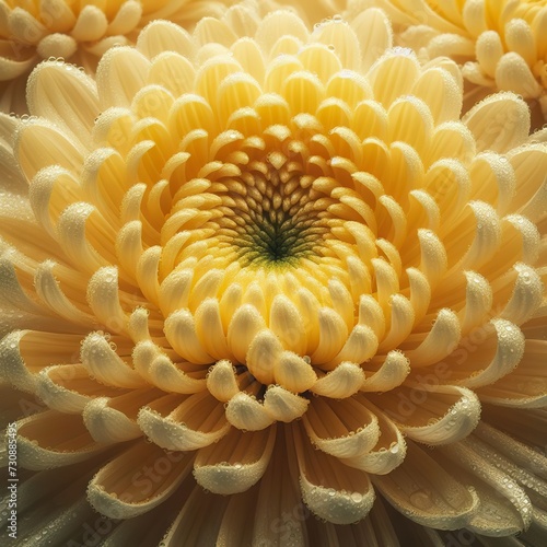 Close up middle of light yellow Chrysanthemum Morifolium flowers wet with morning dew