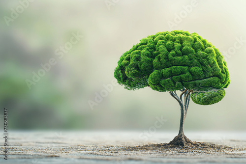 Green tree in the shape of a human brain in the middle of nature with trees Environmentally sustainable IT copy space