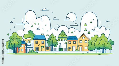 Vector scene of a neighborhood with houses  trees  and residents engaged in communal activities  conveying a sense of belonging and shared spaces. simple minimalist illustration creative photo