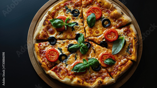 Pizza with Tomatoes, Olives, and Basil Leaves