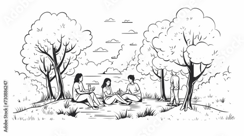 Vector scene of friends enjoying a picnic in a park  capturing laughter and camaraderie amidst trees and nature. simple minimalist illustration creative