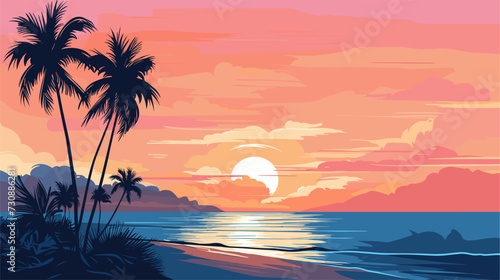 Vector scene of a tropical beach at sunset  showcasing palm trees  gentle waves  and warm hues for a visually enchanting and relaxing composition. simple minimalist illustration creative © J.V.G. Ransika