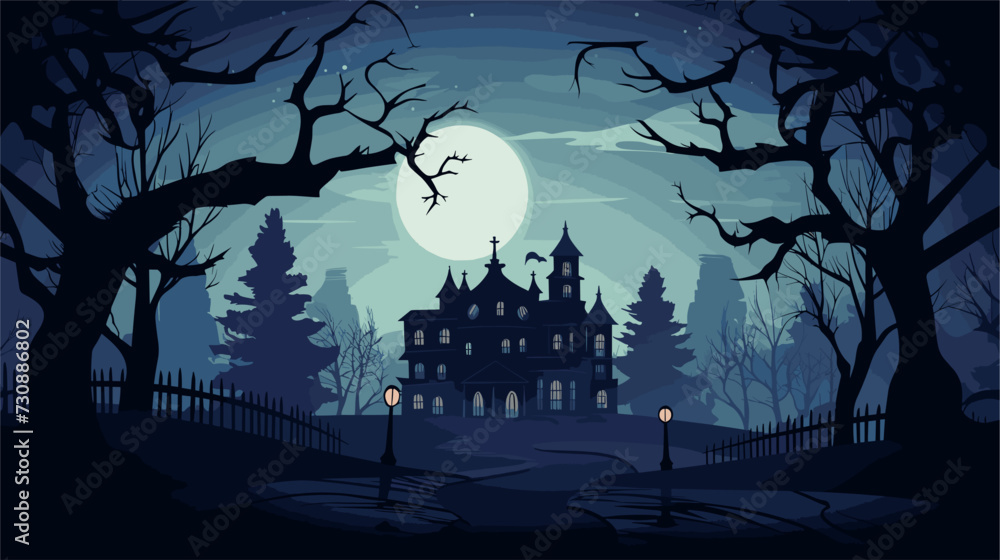 Haunted mansion vector background with a moonlit sky  silhouetted trees  and mysterious shadows  creating a spooky and atmospheric setting. simple minimalist illustration creative