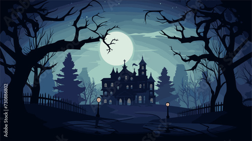 Haunted mansion vector background with a moonlit sky  silhouetted trees  and mysterious shadows  creating a spooky and atmospheric setting. simple minimalist illustration creative