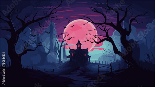 Haunted mansion vector background with a moonlit sky  silhouetted trees  and mysterious shadows  creating a spooky and atmospheric setting. simple minimalist illustration creative