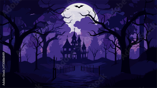 Haunted mansion vector background with a moonlit sky  silhouetted trees  and mysterious shadows  creating a spooky and atmospheric setting. simple minimalist illustration creative