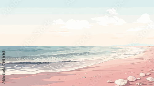 Minimalist beach scene vector art  featuring a simple shoreline  seashells  and a soothing color palette for a visually serene and calming representation. simple minimalist illustration creative