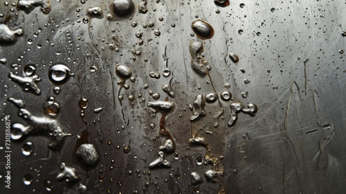 High detail shot of a kitchen stove top showing oil splatters and grime on stainless steel, focusing on the surface texture
