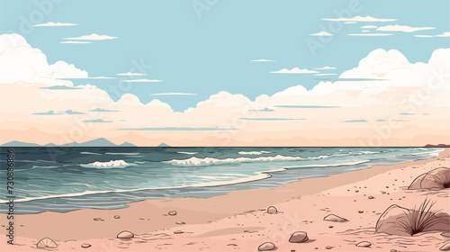 Minimalist beach scene vector art  featuring a simple shoreline  seashells  and a soothing color palette for a visually serene and calming representation. simple minimalist illustration creative