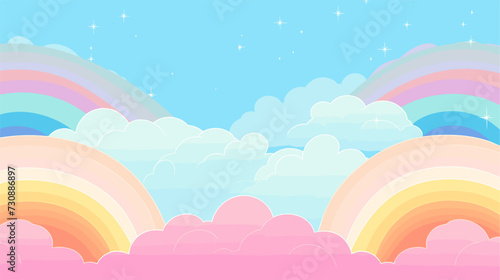 Vector illustration of a rainbow background featuring a seamless blend of colorful rainbows clouds and a soft color palette creating a visually captivating and harmonious composition. simple
