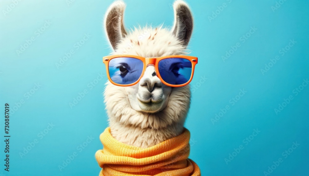 Charming llama dons a pair of trendy orange sunglasses and a cozy yellow scarf, bringing a splash of color and whimsy against a vibrant blue background.