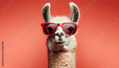 Exuding coolness, this suave llama sports a pair of glossy red sunglasses against a striking coral backdrop, creating a bold and playful portrait