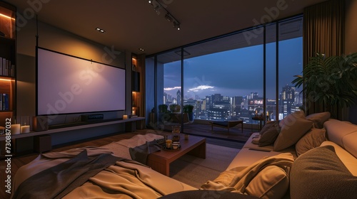 Stylish Movie Night in Contemporary Living Room with Sleek Projector and Cozy Monochrome Accents