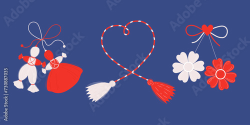 Martisor. Collection Red and white accessory talisman Martenitsa. Baba Marta Day, Traditional holiday. Symbol for spring beginning. 1 March. Isolated vector holiday symbols on blue background