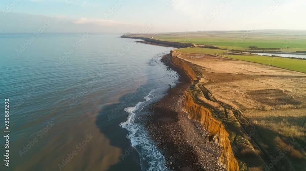 Minimalistic Coastal Erosion Scene, Sea Advancing on Diminishing Land, Climate Change Alert