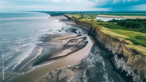 Advancing Sea Against Receding Land, Minimalist Coastal Erosion Depiction as a Climate Alert © Kanisorn