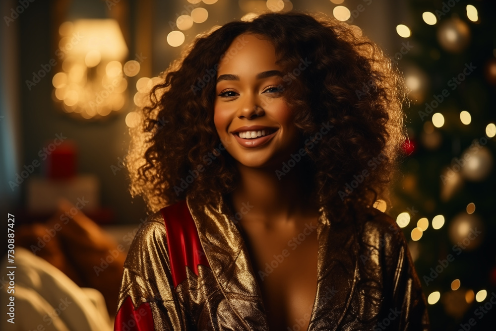 Sensual woman in golden bathrobe in warm colored atmosphere. Sensual woman in golden bathrobe in warm colored atmosphere.