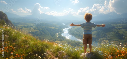 Summer Vibes: A Little Boy Posing on a Mountain with a Striped Shirt and Shorts Generative AI