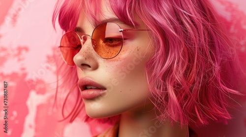 A woman with fuschia hair, Y2K fashion style, wearing sunglasses