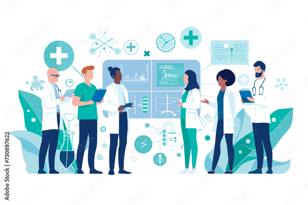 omprehensive Healthcare Management, Medical Team Collaboration, Patient Care and Hospital Efficiency Concept, Doctors and Nurses Working Together. - obrazy, fototapety, plakaty 