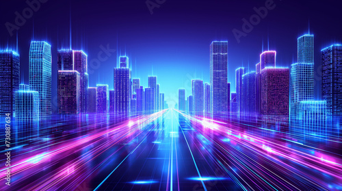 city nightlife electronic high-rise building construction wires on the ground blue neon modern technology concept  science  future technology digital high-tech city design