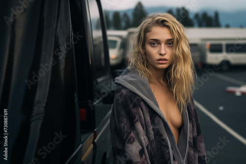 Rebellious woman posing semi-nude in gloomy parking lot