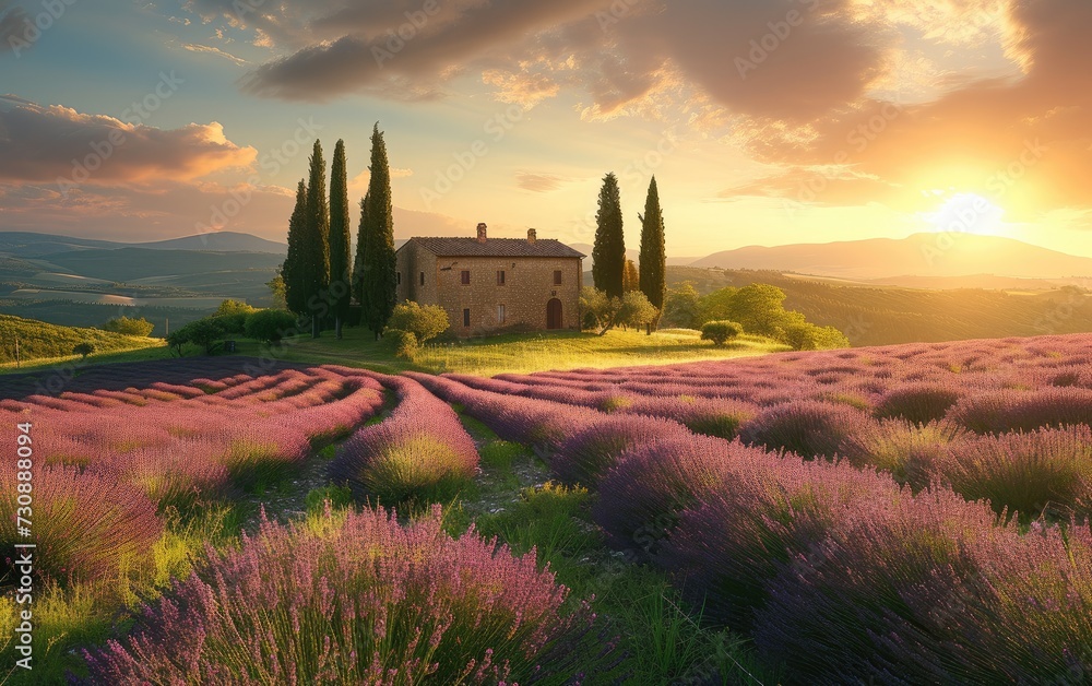 Idyllic landscape painting of a rustic countryside home amidst lavender fields