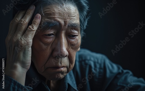  Elderly Asian man experiencing a headache and holding his forehead