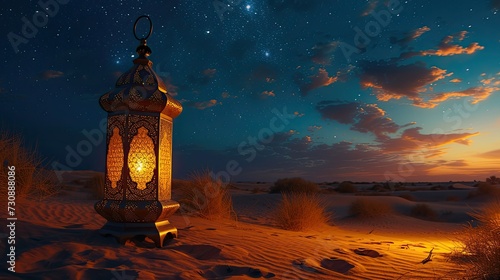 Golden Moonlit Oasis Radiant Ramadan Lantern and Starry Tranquility