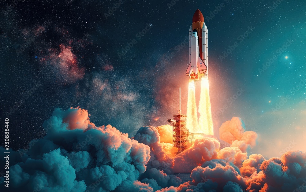 Space exploration concept with rocket launch into starry sky - obrazy, fototapety, plakaty 