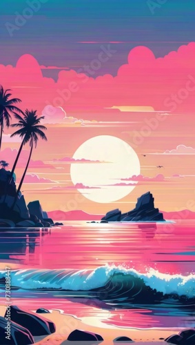 This image depicts a strikingly colorful sunset with hues of pink and blue, casting reflections over the calm waters of a tropical beachscape.