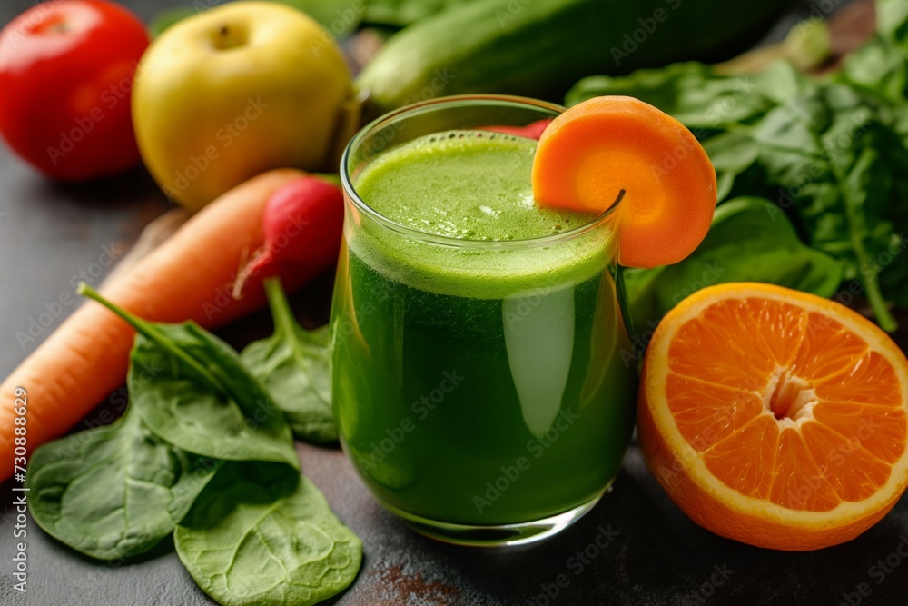 A collection of green and red vegetables, health drinks, and wellness juices. generative ai A collection of green and red vegetables, health drinks, and wellness juices. generative ai