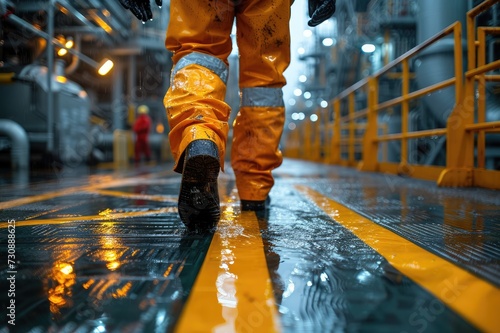 Offshore oil rig worker walks to an oil and gas
