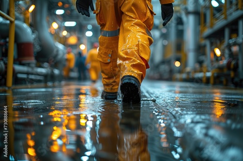 Offshore oil rig worker walks to an oil and gas photo