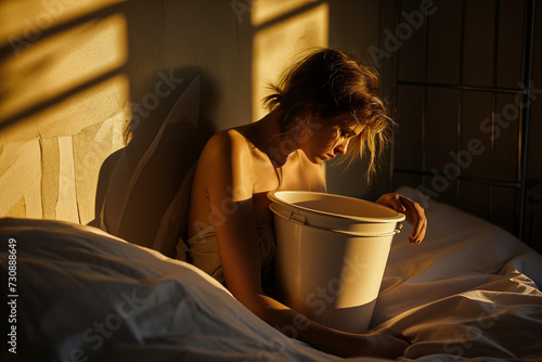 Sick woman lying in bed with a bucket, morning light. photo