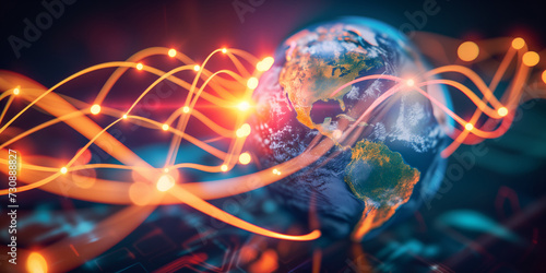 Digital world globe centered on America, concept of global network and connectivity on Earth, high speed data transfer and cyber technology, information exchange and international telecommunication