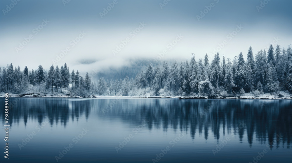 Fototapeta premium Snow-covered Trees Surrounding Serene Body of Water