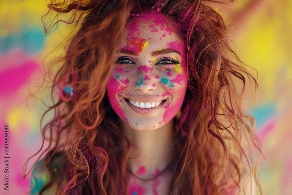 A beautiful smiling girl with red curly hair and magenta powder on her face celebrates the Holi festival.