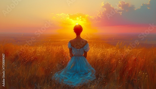 Sunset Serenade: A Woman in a Blue Dress Embraces the Golden Hour Generative AI © Bipul