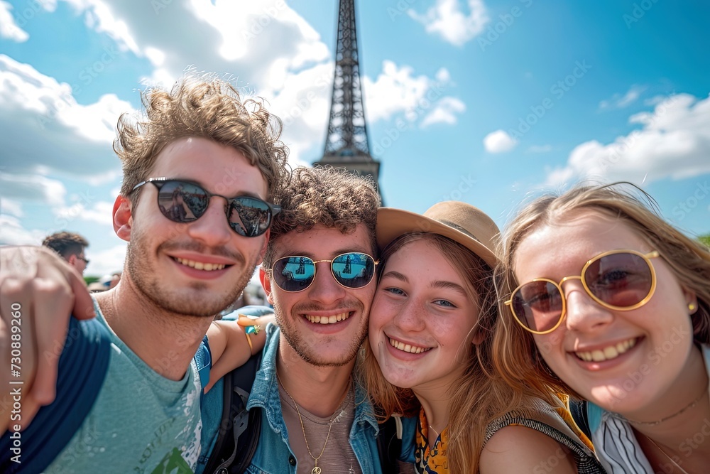 Group of smiling young friends traveling in front of Eifel Tower, Paris, in summer. Group of smiling young friends traveling in front of Eifel Tower, Paris, in summer.