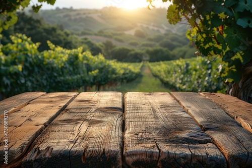 Empty wood table top with Vineyard as Background