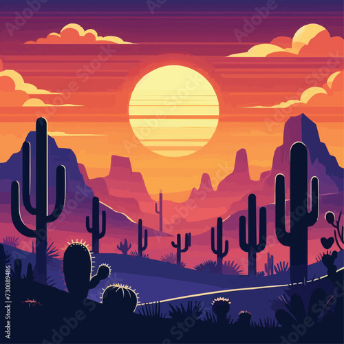 Vector desert sunset silhouette landscape arizona or mexico western cartoon background with wild cactus canyon mountain